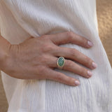 Sterling Silver Green Aventurine Ring • Oval Cabochon Boho Statement Ring • Handmade Wide Band Jewelry For Women