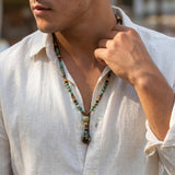 Man wearing a long boho beaded gemstone necklace with turquoise, wood, and a drop pendant, styled with an open white linen shirt.