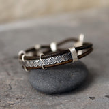 Men’s Leather Silver Cuff Bracelet • Geometric Pattern Bracelet For Men • Handmade Artisan Jewelry