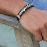 Men’s Leather Silver Cuff Bracelet • Geometric Pattern Bracelet For Men • Handmade Artisan Jewelry