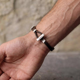 Men’s Leather Silver Cuff Bracelet • Geometric Pattern Bracelet For Men • Handmade Artisan Jewelry