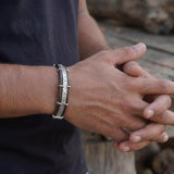 Men’s Leather Silver Cuff Bracelet • Geometric Pattern Bracelet For Men • Handmade Artisan Jewelry