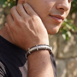 Men’s Leather Silver Cuff Bracelet • Geometric Pattern Bracelet For Men • Handmade Artisan Jewelry