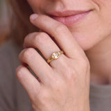 A close-up of a person's hand wearing a gold ring with a small gemstone.