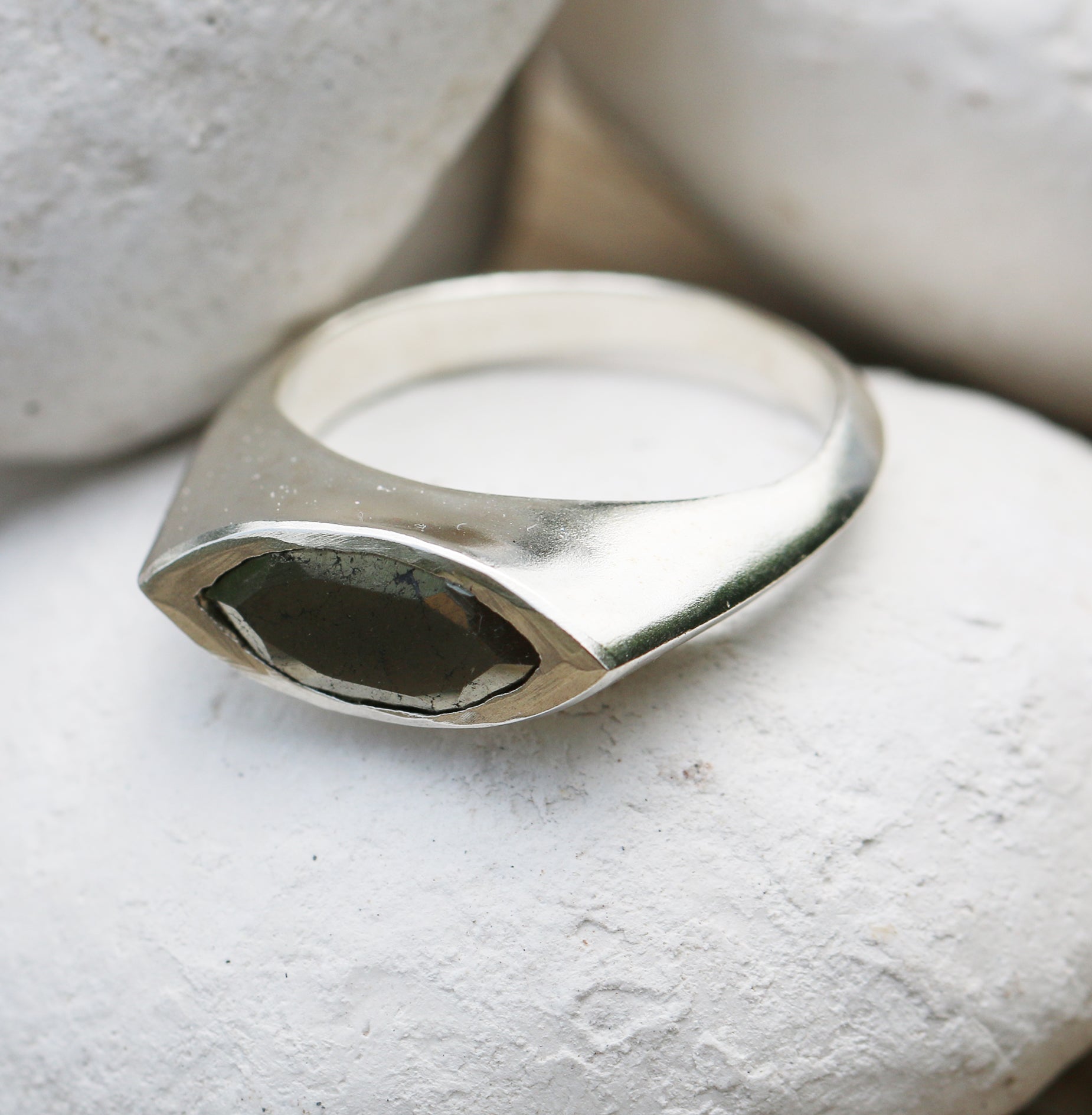 Pyrite Ring, Sterling Silver Ring For Women, Statement Ring, Marquise Gemstone Ring-fb
