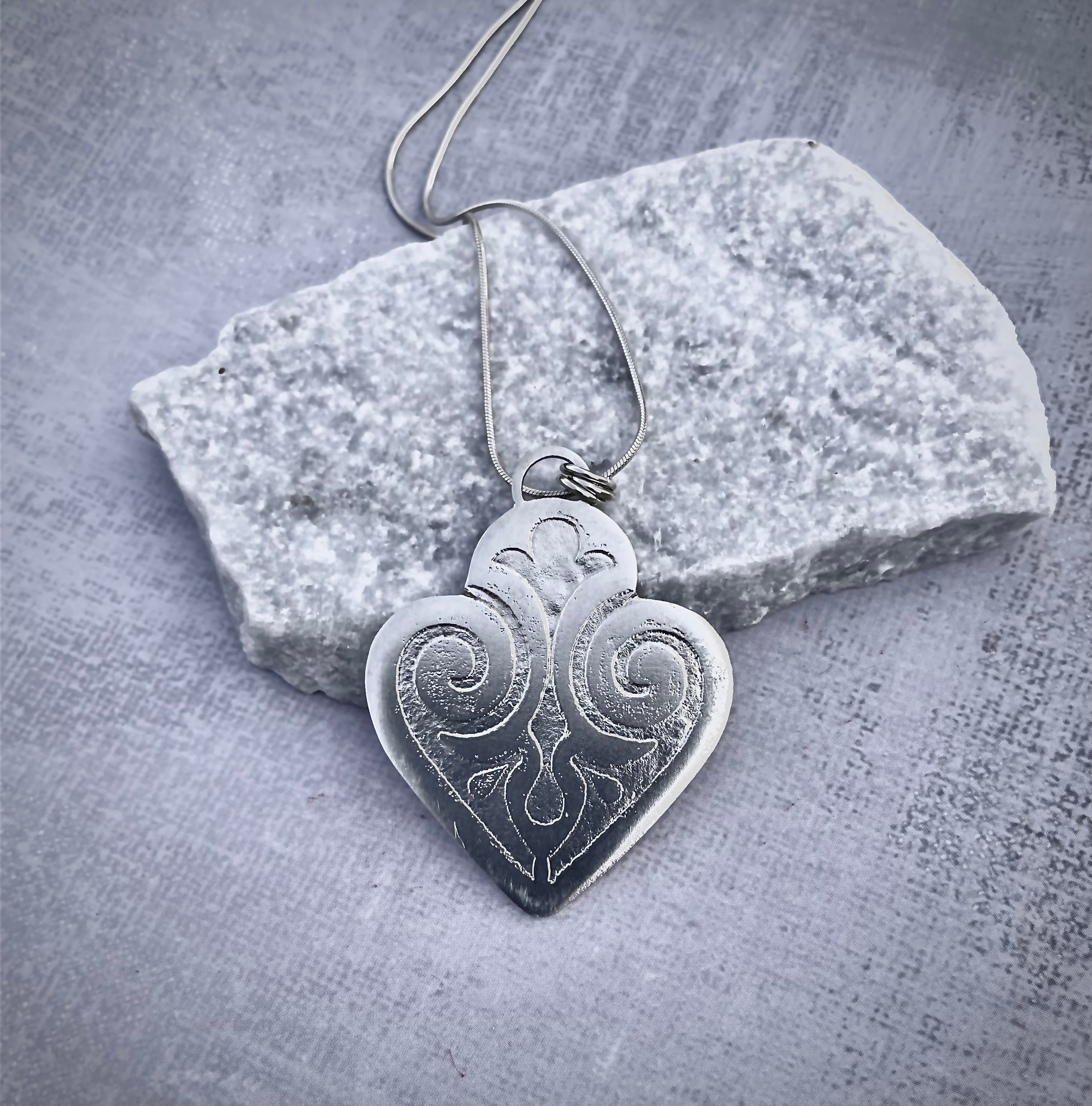 Long Silver Pendant Necklace with Engraved  Floral Details