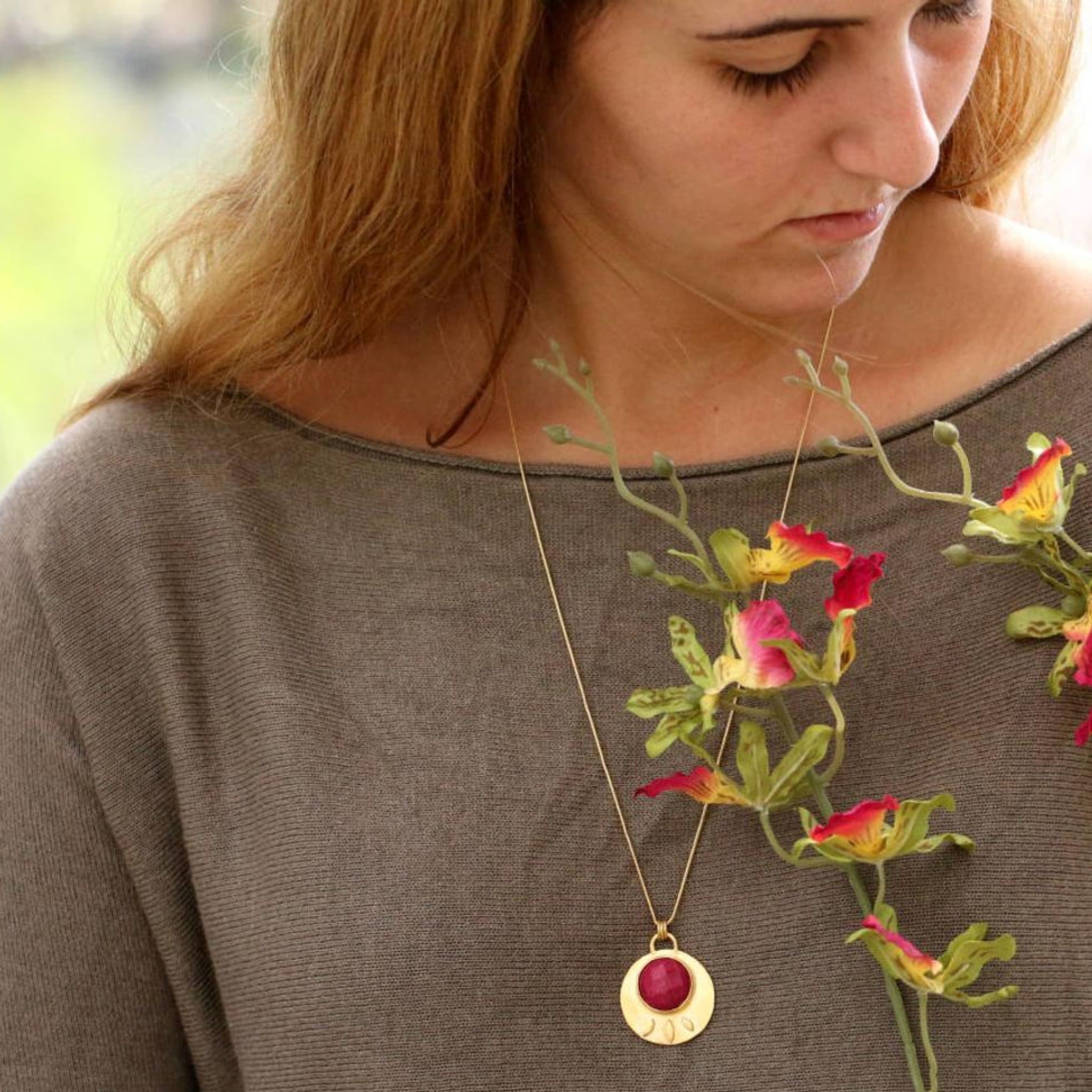 Artisan Vintage Gold Pendant Ruby Necklace Necklaces