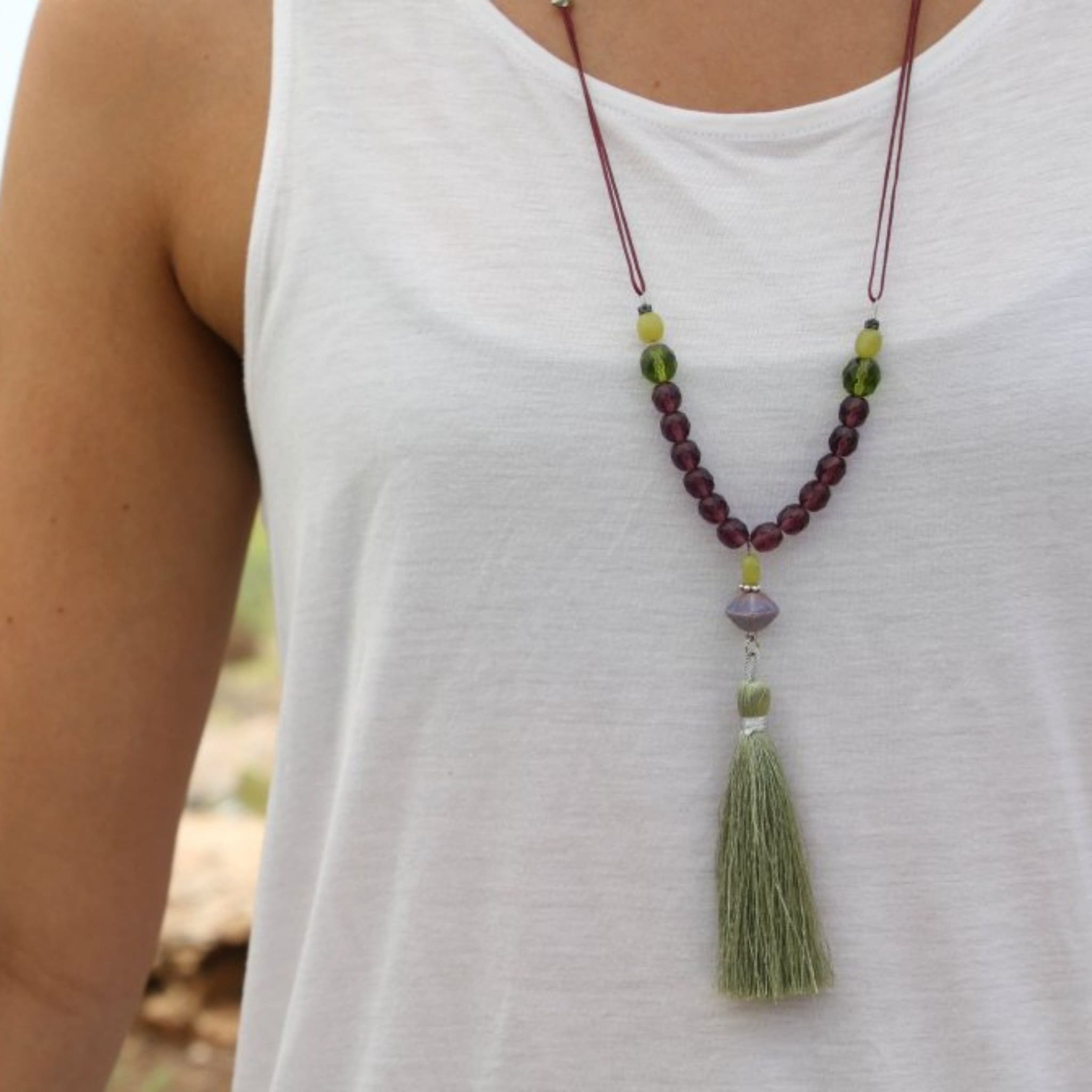 Beaded Green Statement Tassel Necklace Necklaces
