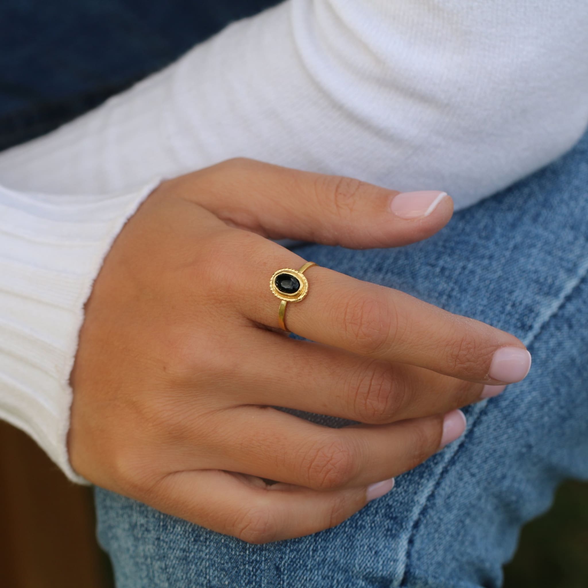 Cute Dainty Gold Rings with Black Onyx