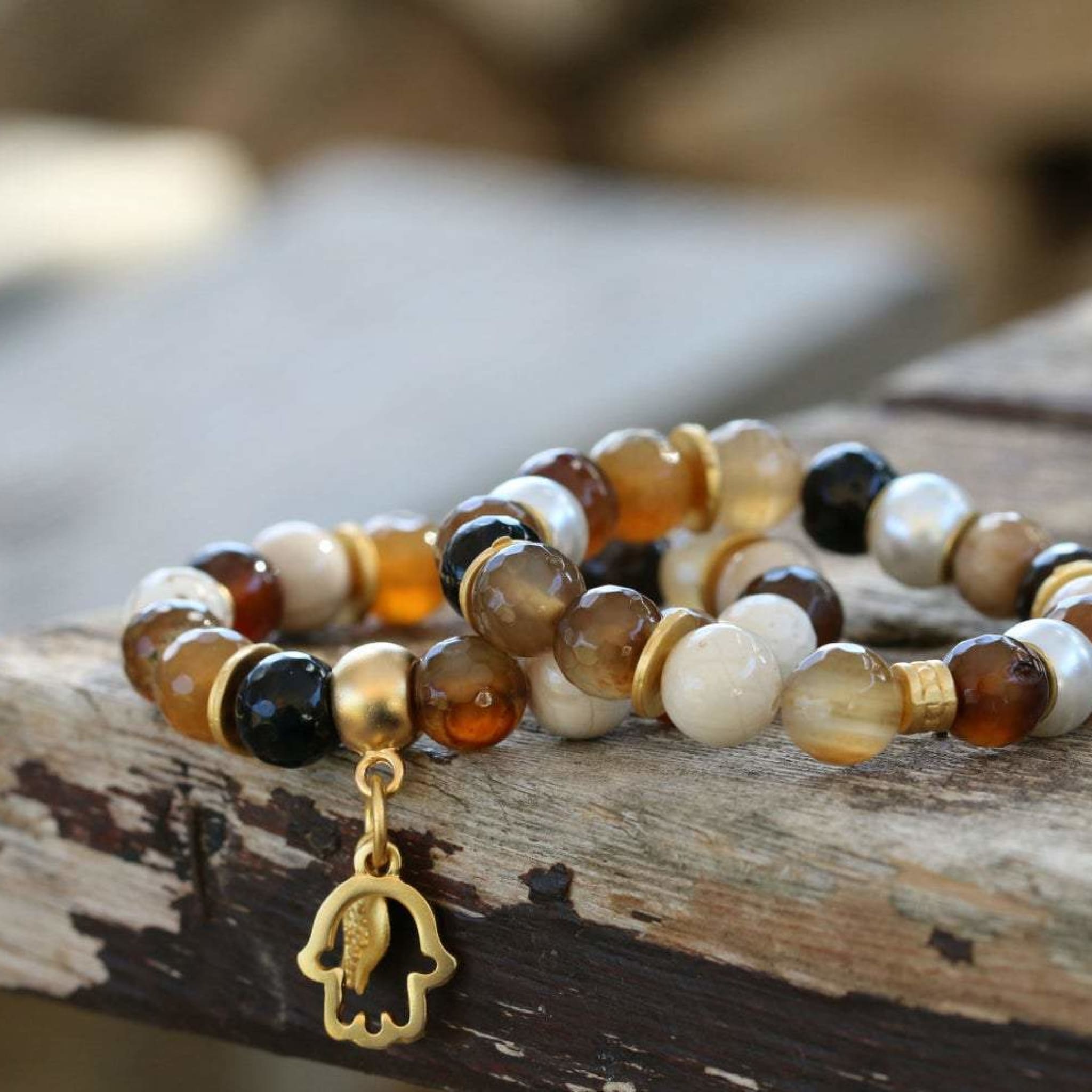 Banded/Lace Agate Natural Stone Bracelet With Earrings, Brown Double Shade