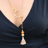 Gold Lariat Necklace With Beige Tassel Necklaces