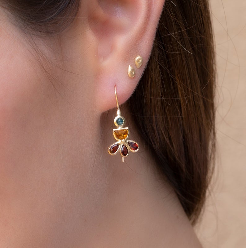 Multi-gemstone Dangle Earrings - Citrine, Topaz, Garnet Dangling Earrings - Classic Gemstone Jewelry - Handmade Fashion Jewelry for Her