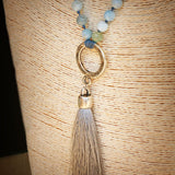 Long Aquamarine Beaded Tassel Necklace Necklaces