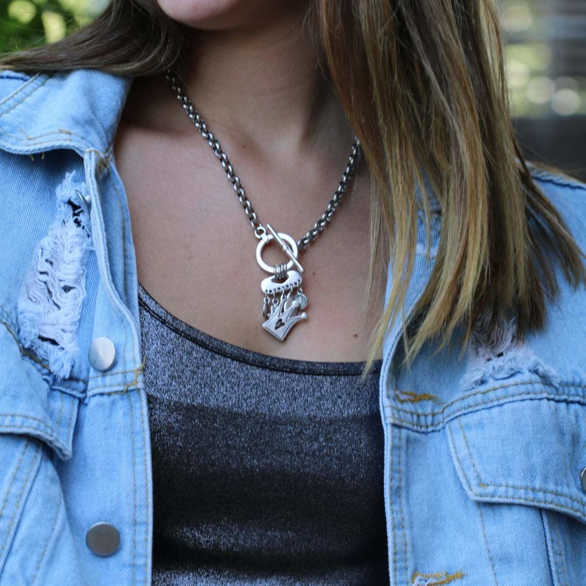Multi Charm Silver Necklace In Chunky Chain Necklaces