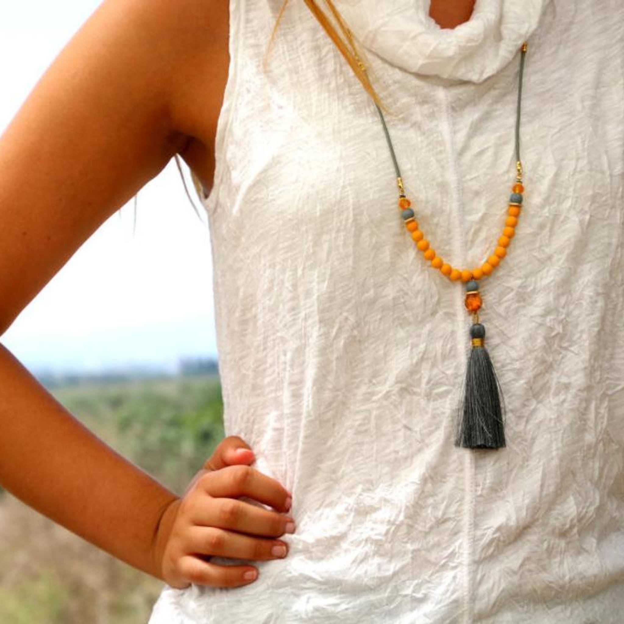 Yellow Beaded Tassel Long Necklace Necklaces